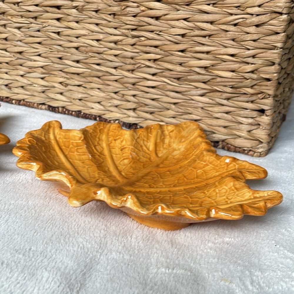 10” Maple Ceramic Leaf Serving Plate Dessert Plate Set of 2 Orange Brown Color - Picture 5 of 11